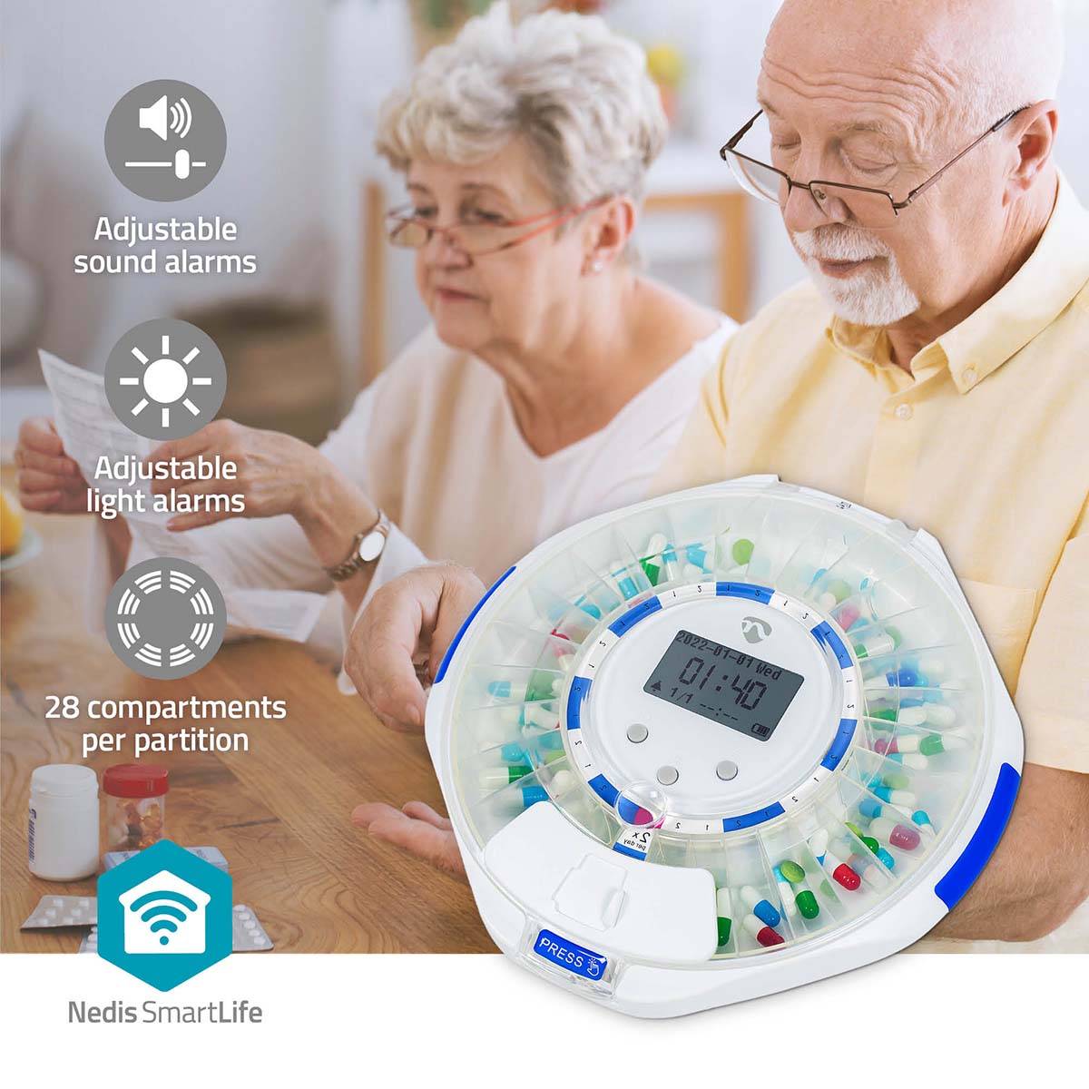 Nedis SmartLife Pilledispenser med LCD WiFi, 28 rum, digitalt display, justerbare lyd- og lysalarmer på bord ved brug.