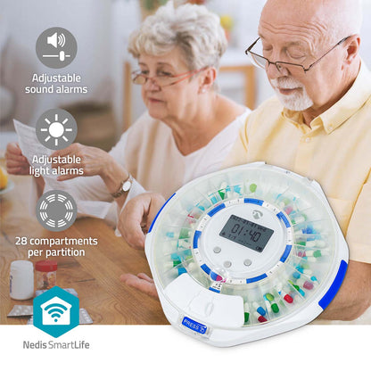 Nedis SmartLife Pilledispenser med LCD WiFi, 28 rum, digitalt display, justerbare lyd- og lysalarmer på bord ved brug.