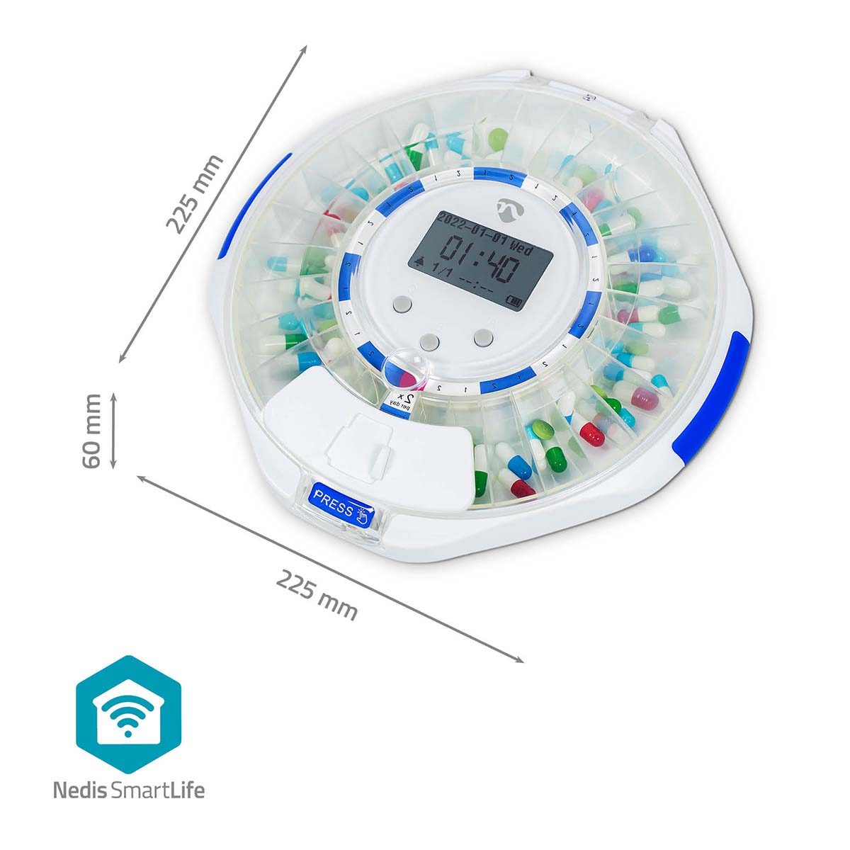 Nedis SmartLife pilledispenser rund hvid med LCD, WiFi, gennemsigtigt låg, rum til piller, knapper og logo 225x225x60mm.