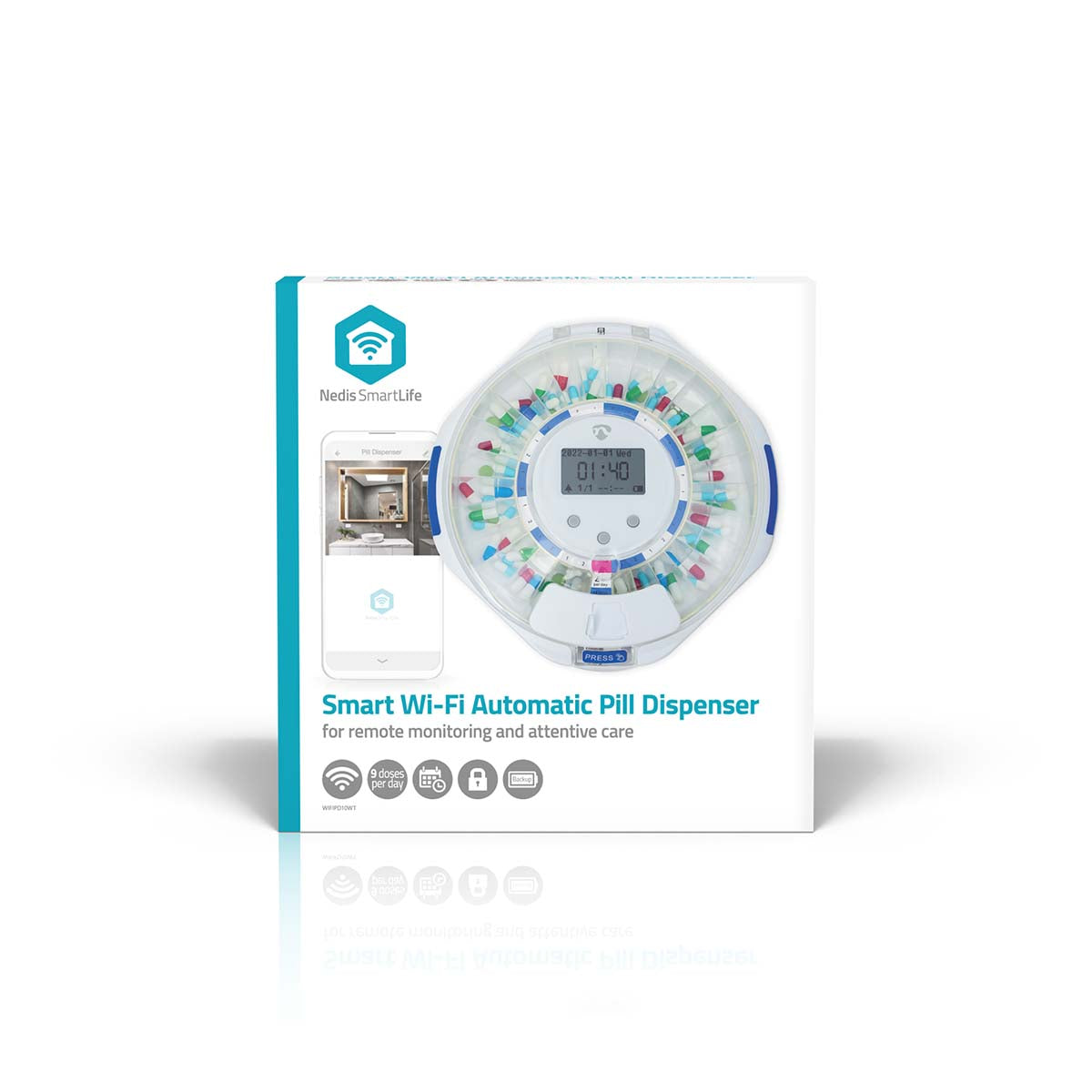 Nedis SmartLife-pilledispenser hvid cirkulær med LCD-display WiFi flere pillerum og app-integration.