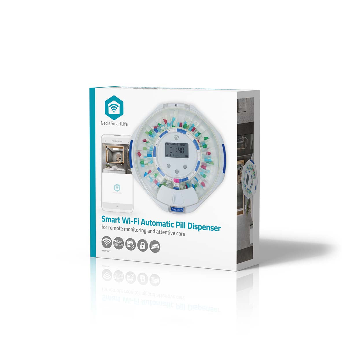 Nedis SmartLife-pilledispenser med WiFi og LCD-skærm til nem medicinhåndtering og integration med smartphone.