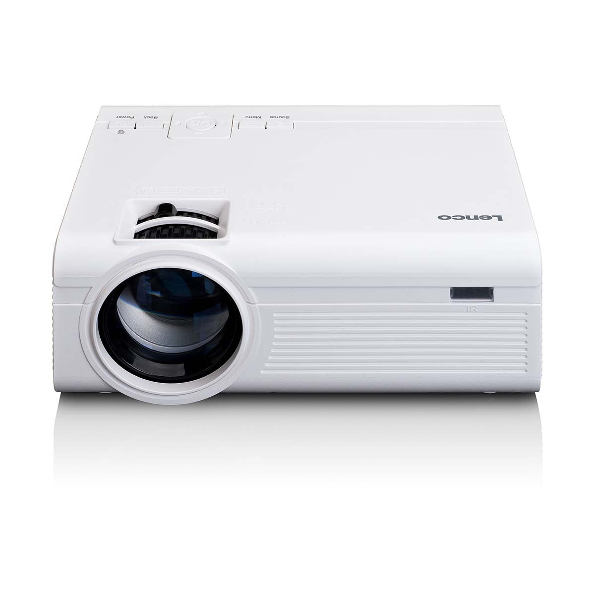 Lenco LCD-projektor hvid, Full HD 1080P, stor linse, knapper på toppen.