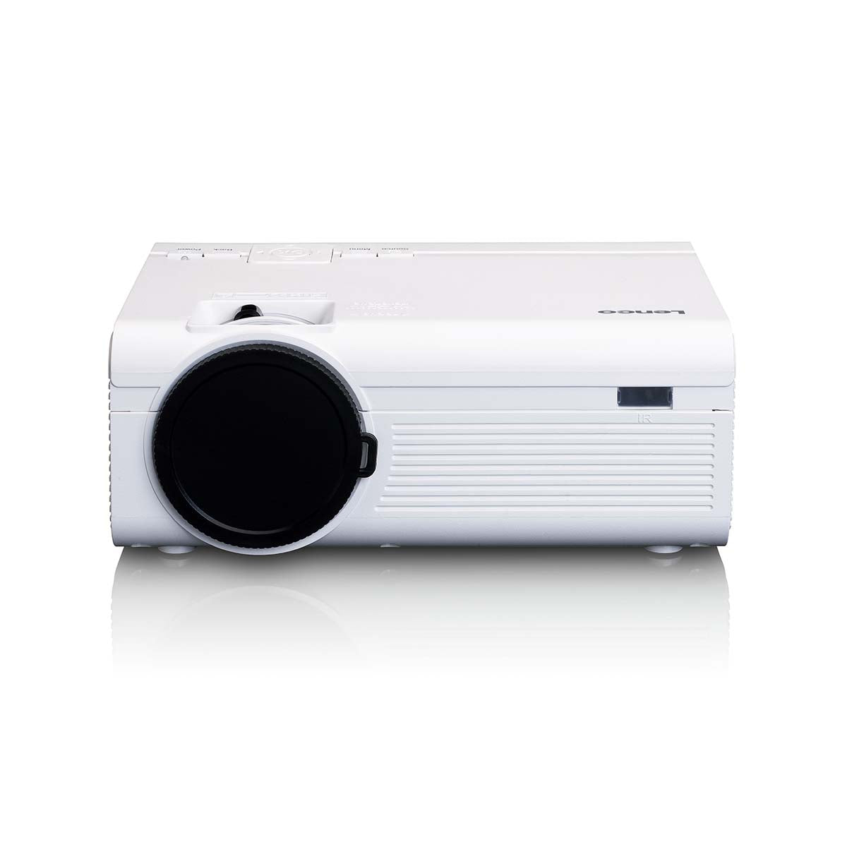 LCD-projektor i hvid med stor sort linse, betjeningsknapper foroven, Full HD 1080P, ses forfra.