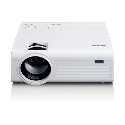 LCD-projektor til hjemmebiograf, forfra med linse til venstre, knapper på toppen, understøtter Full HD 1080P.