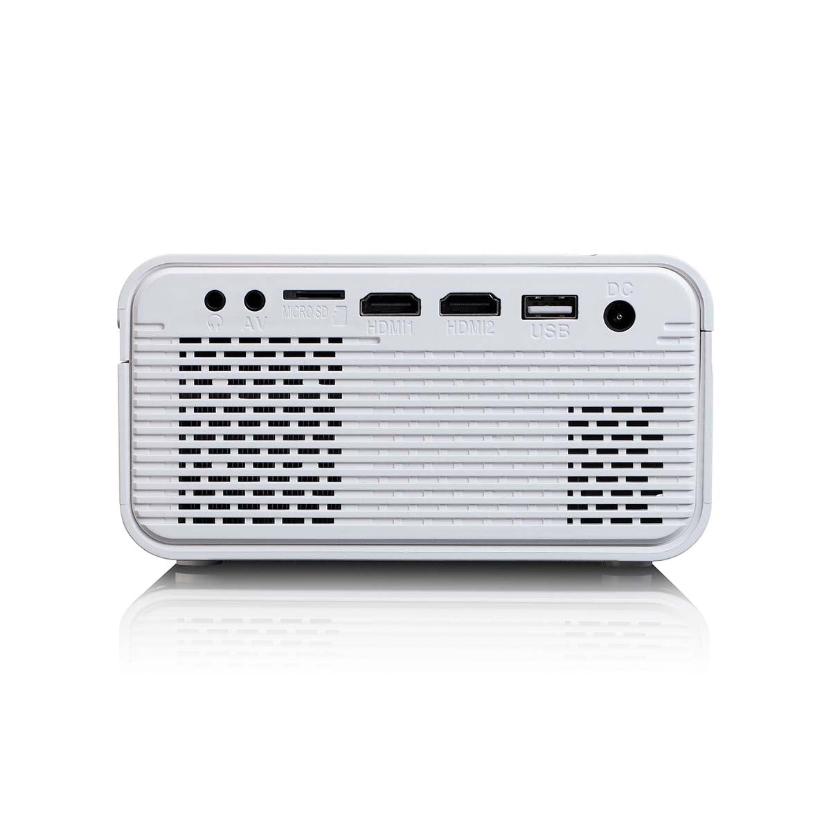 Lenco LCD-projektor høj opløsning, bagside med AV, micro SD, 2 HDMI, USB og DC power porte samt ventilationsgitter.