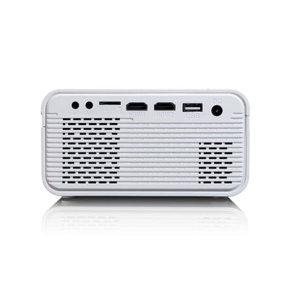 Lenco LCD-projektor høj opløsning, bagside med AV, micro SD, 2 HDMI, USB og DC power porte samt ventilationsgitter.