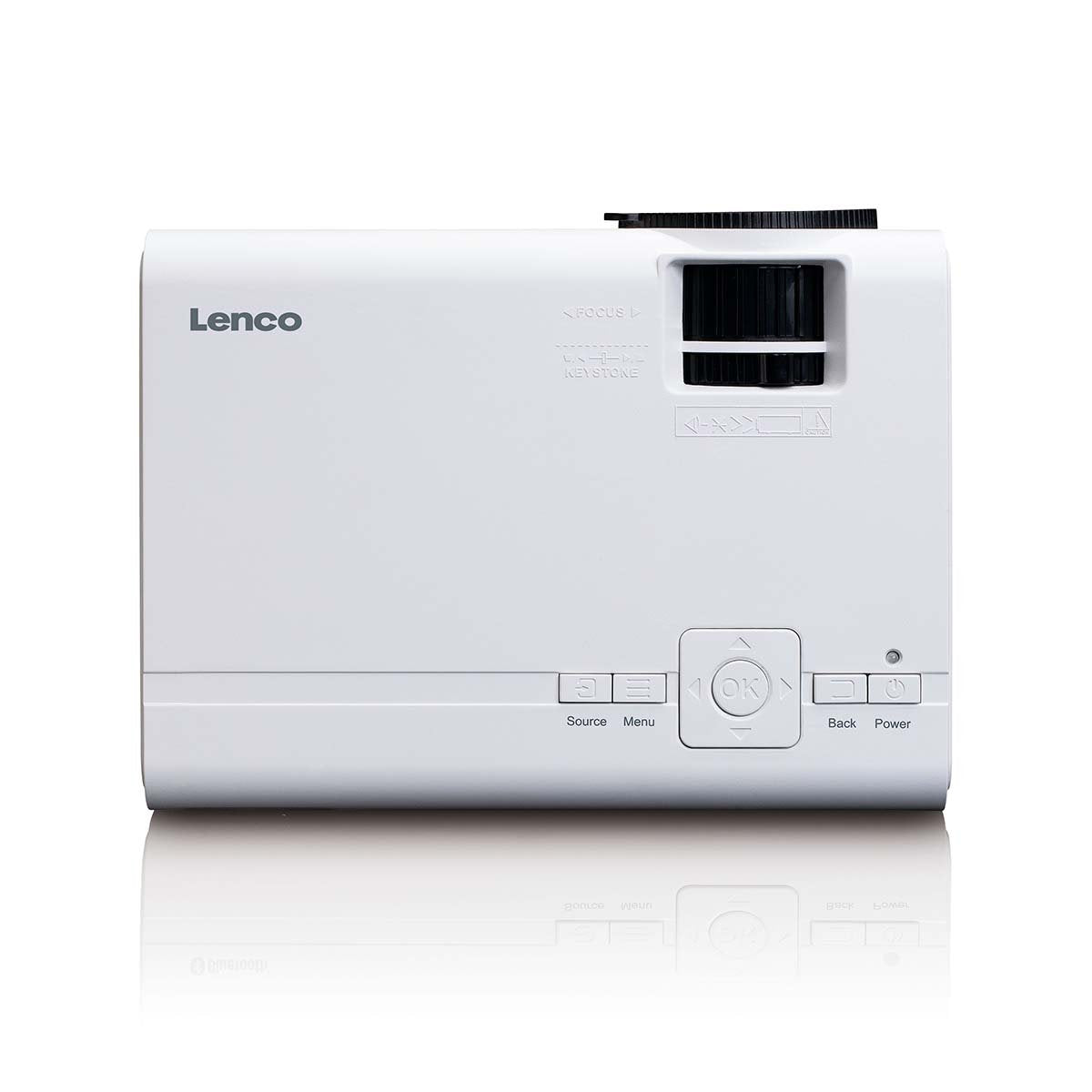 Lenco LCD-projektor i hvid, set oppefra med kontrolknapper, fokus-/keystone-hjul og Lenco-logo, Full HD 1080P.