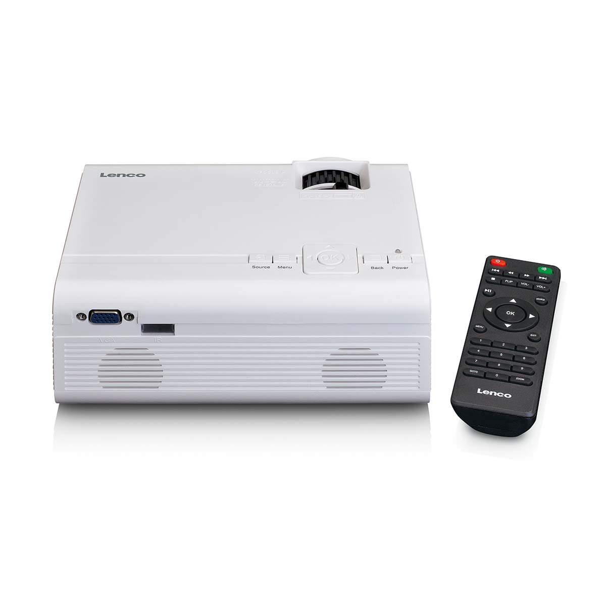 Lenco LCD-projektor hvid med sort fjernbetjening Full HD 1080P, høj opløsning, synlig front og kontrolpanel.