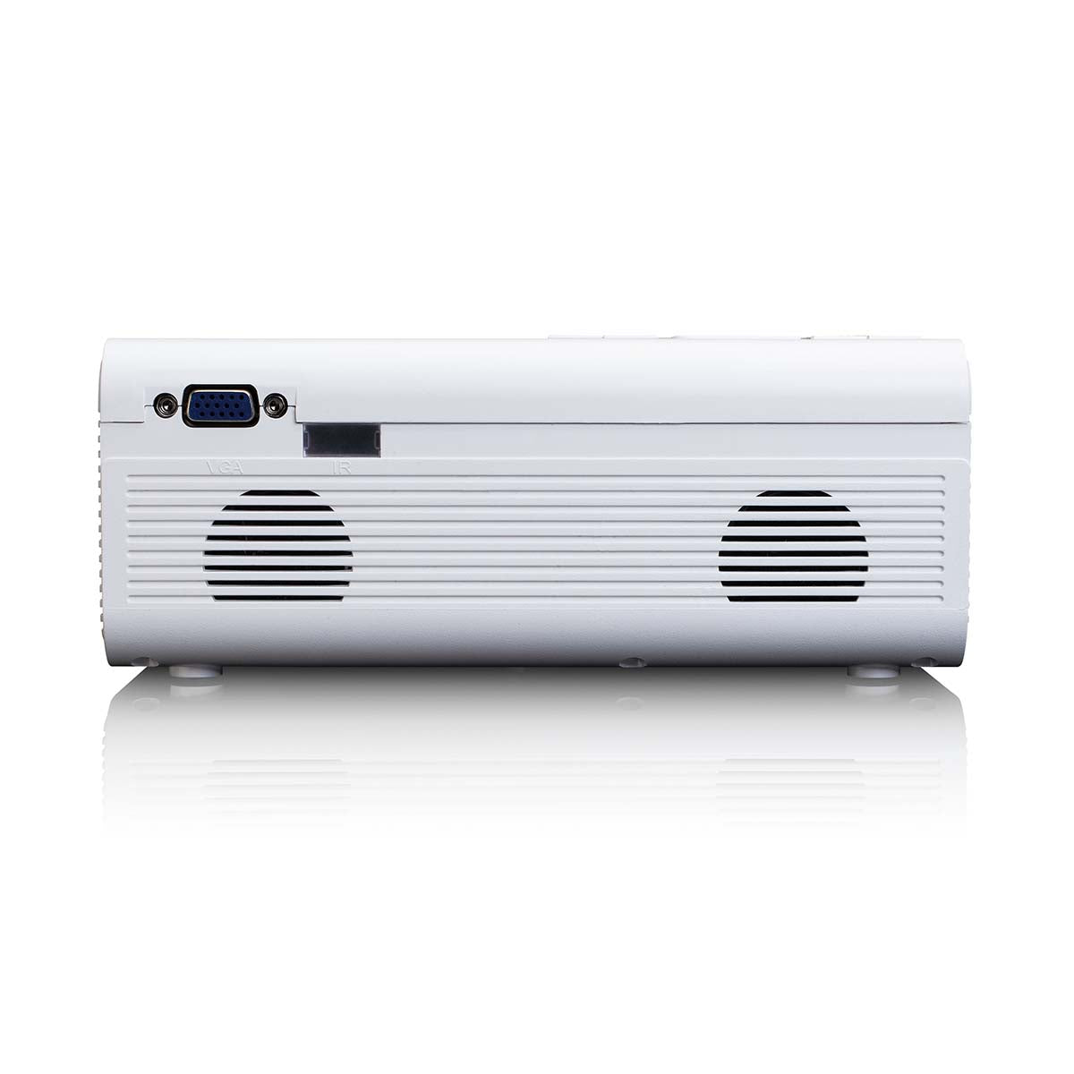 Lenco LCD-projektor høj opløsning, hvid, bagside med ventilationsgitter, to runde luftudtag, VGA-port, rektangulært panel.