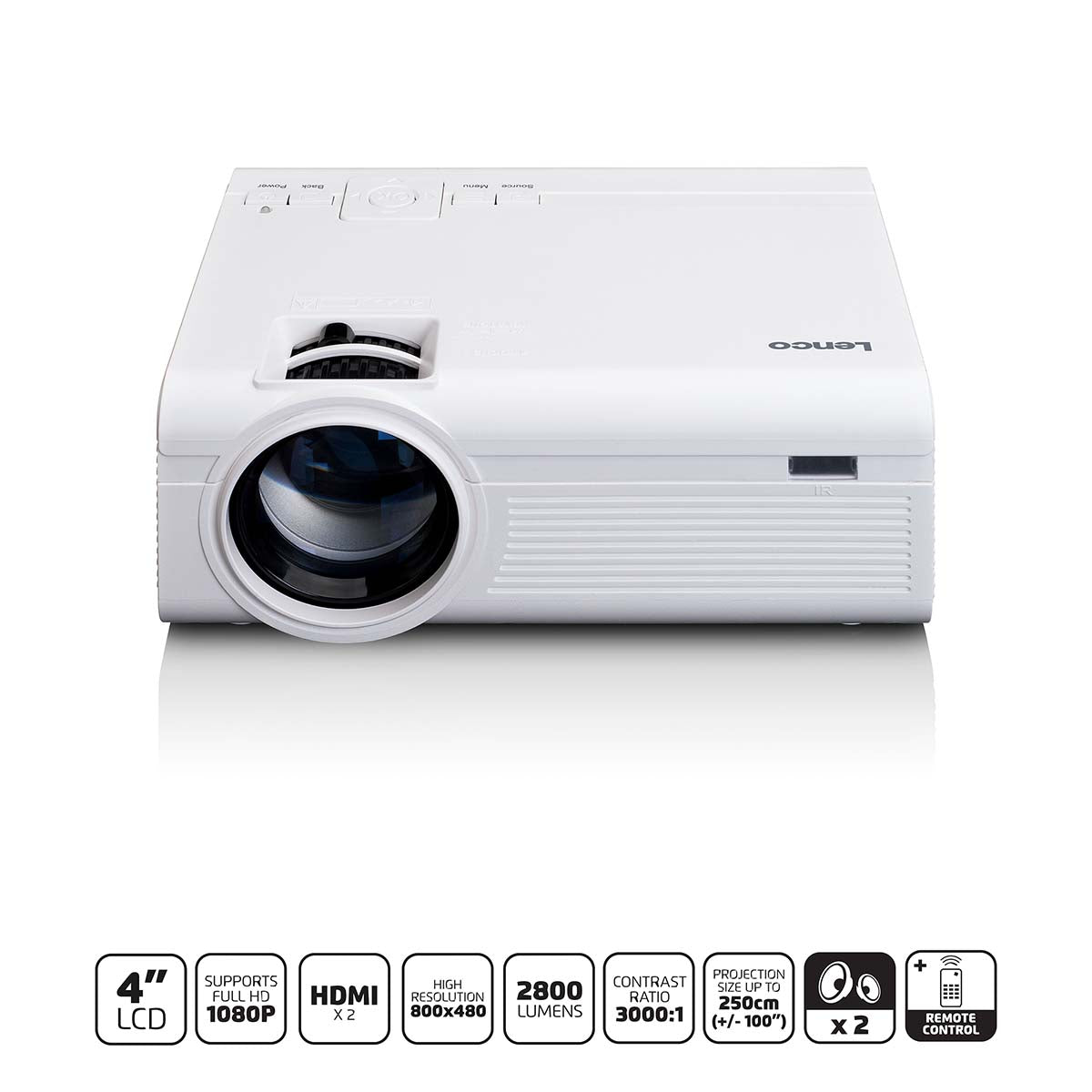 Lenco LCD-projektor hvid, Full HD 1080P, 4LCD, 2 HDMI-porte, 2800 lumen, 3000:1 kontrast, op til 250 cm billede.