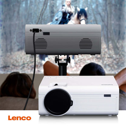 Lenco LCD-projektor med høj opløsning projicerer film på lærred, Lenco-logo synligt nederst til venstre.