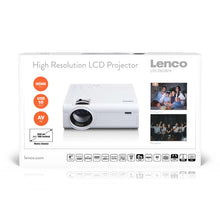 Emballage til LCD-projektor, billede af projektor, Full HD 1080P-logoer til HDMI, USB SD-slot, AV-indgang, små fotoikoner.