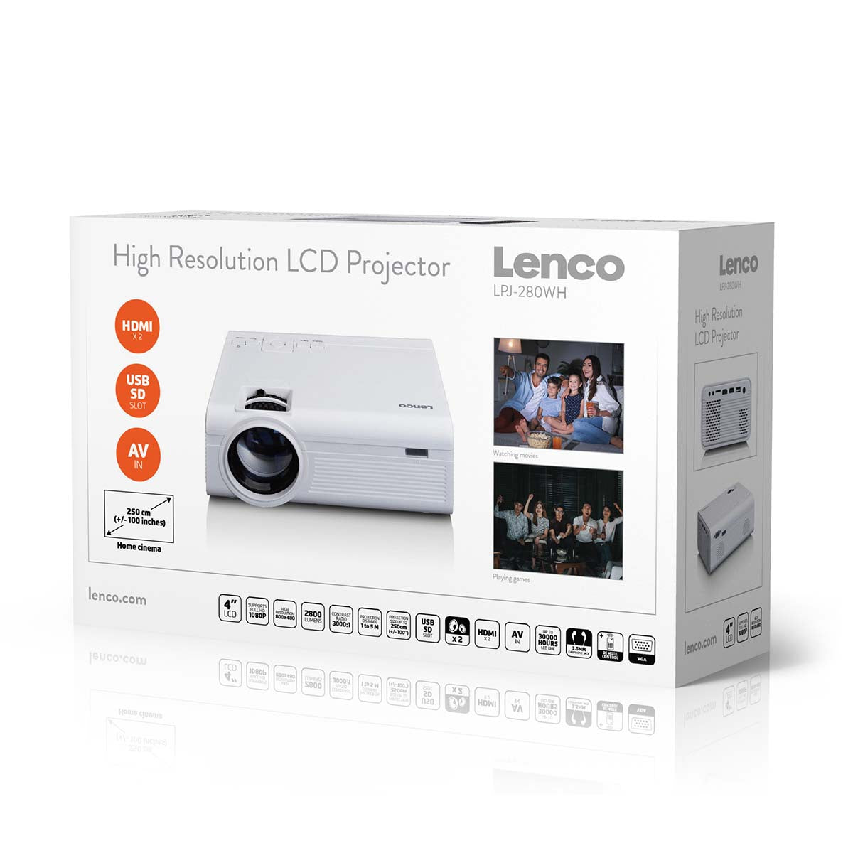 Lenco LCD-projektor, høj opløsning, hvid emballage, Full HD 1080P, HDMI x2, USB, SD-slot, AV-indgang, 2800 lumen, 250 cm.