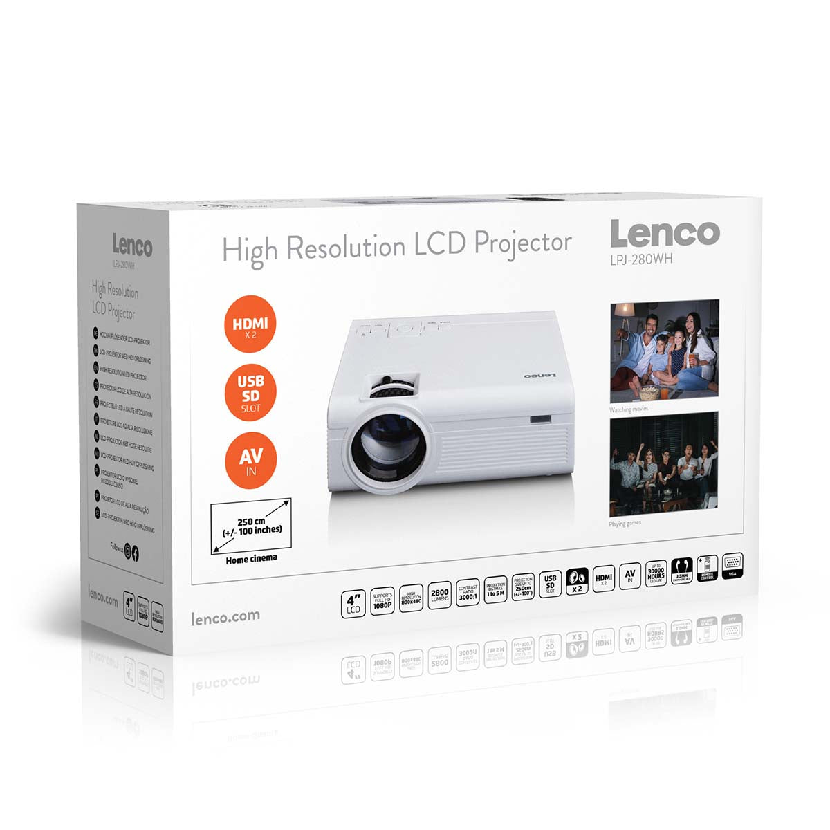 LCD-projektor med høj opløsning, Full HD 1080P, HDMI, USB/SD-porte og AV-ikoner, kompakt design.