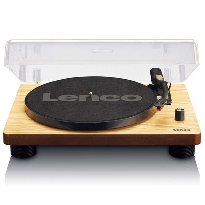 Lenco LS-50 pladespiller med indbyggede højttalere, sort pladetallerken, transparent støvlåg, højre tonearm og kontrolknap.