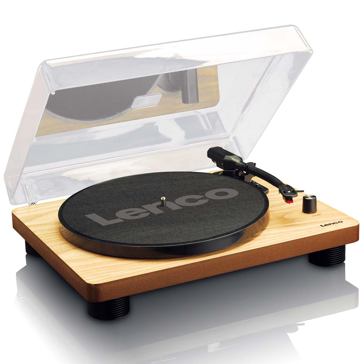 Lenco LS-50 pladespiller med indbyggede højttalere, sort plade og tonearm, transparent støvcover åbent.