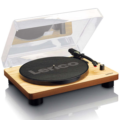 Lenco LS-50 pladespiller med indbyggede højttalere, sort plade og tonearm, transparent støvcover åbent.