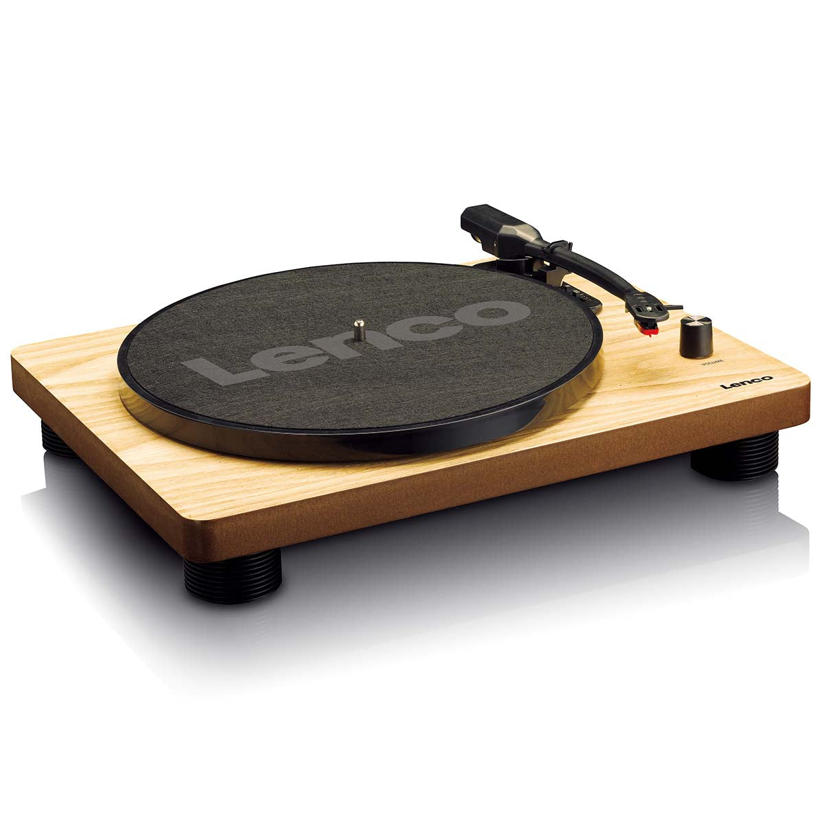 Lenco LS-50 pladespiller med indbyggede højttalere, sort plade, tonearm, Lenco-logo, fire sorte fødder, USB-udgang.
