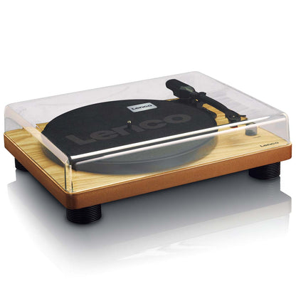 Lenco LS-50 pladespiller med sort plade, sort tonearm, indbyggede højttalere, gennemsigtigt støvlåg og USB-port.