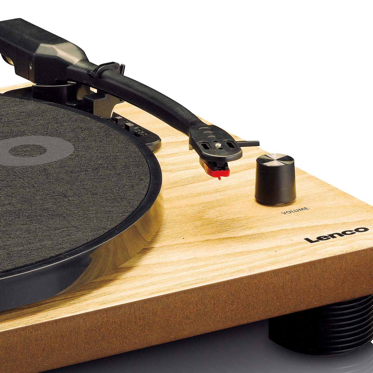 Lenco LS-50 pladespiller med indbyggede højttalere, trækskab, synlig tonearm og volumenkontrol nederst til højre.