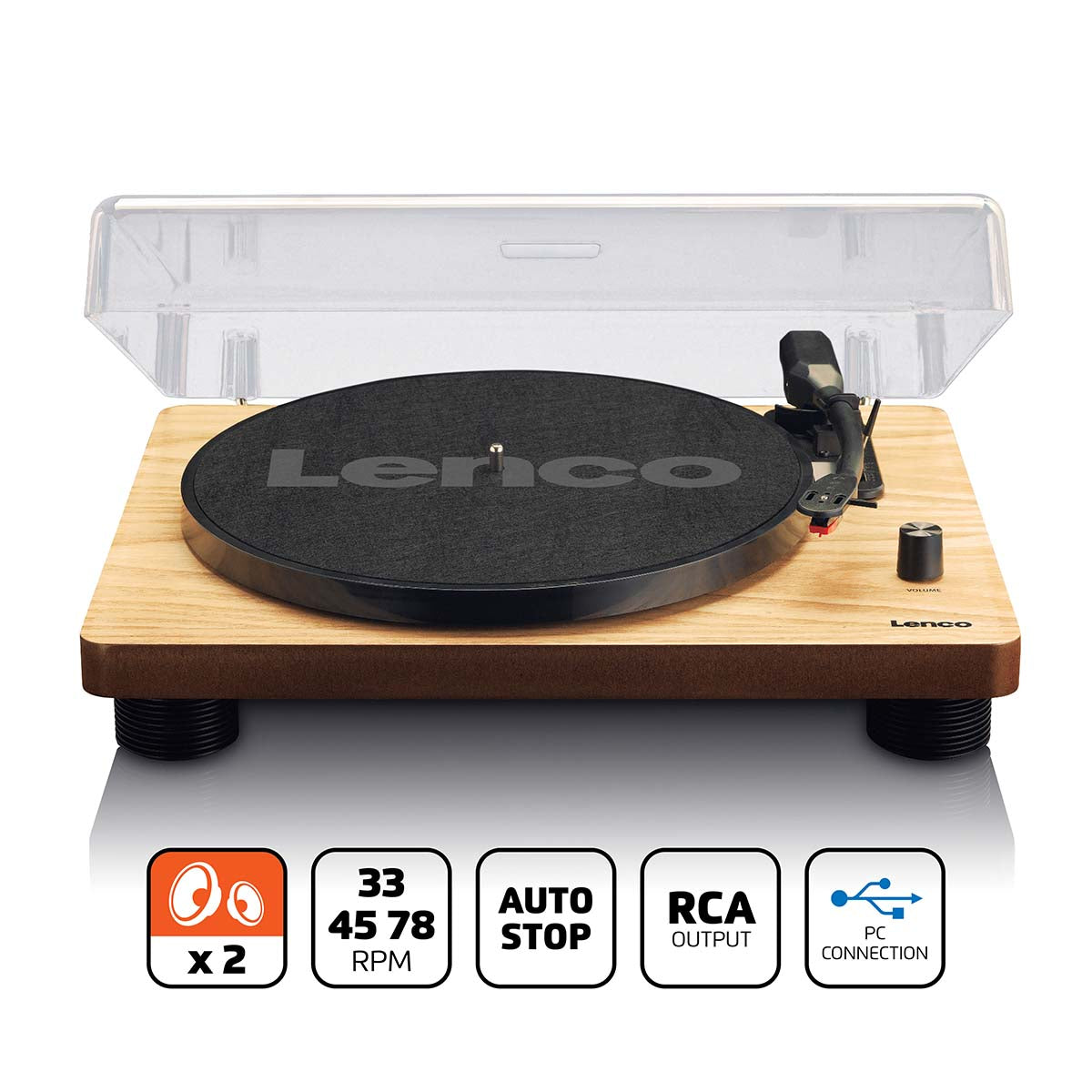 Lenco LS-50 pladespiller sort med indbyggede højttalere, klar støvlåg, 33/45/78 RPM, autostop, RCA og USB-udgang.