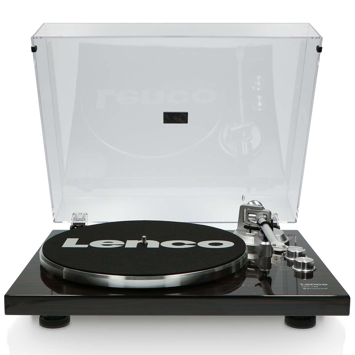 Lenco Bluetooth pladespiller LBT-188WA, transparent støvlåg, synlig tonearm og pladetallerken med Lenco-logo.