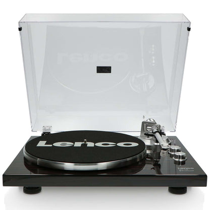 Lenco Bluetooth pladespiller LBT-188WA, transparent støvlåg, synlig tonearm og pladetallerken med Lenco-logo.