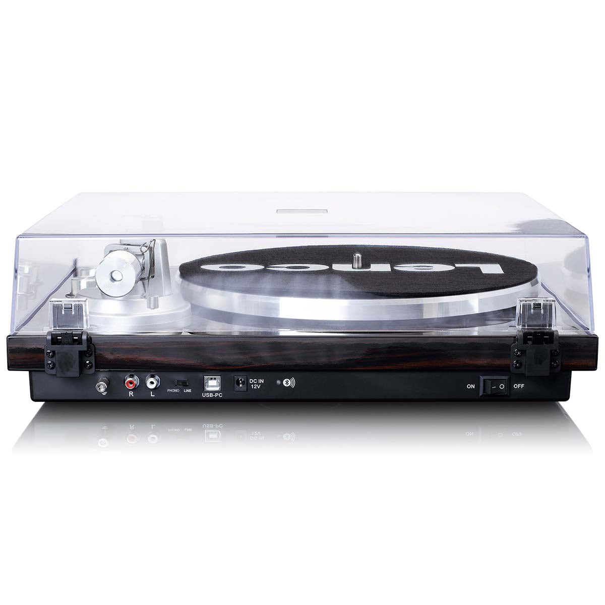 Lenco LBT-188WA Bluetooth pladespiller bagfra med USB, kontrolknapper, flere porte, gennemsigtigt støvlåg og sort slipmat.