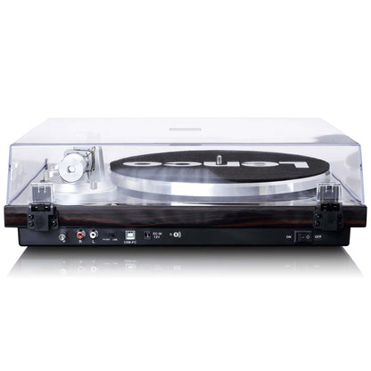 Lenco LBT-188WA Bluetooth pladespiller bagfra med USB, kontrolknapper, flere porte, gennemsigtigt støvlåg og sort slipmat.