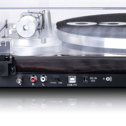 Lenco Bluetooth pladespiller LBT-188WA bagpanel med lydudgange, PHONO/LINE-omskifter, USB-port og DC IN 12V-port.