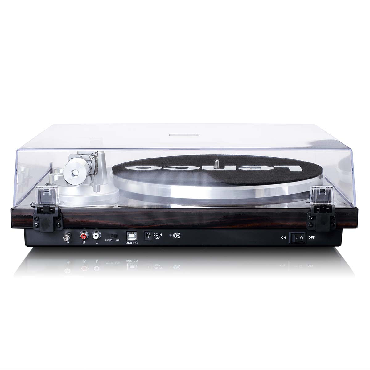 Lenco LBT-188WA Bluetooth pladespiller med transparent støvlåg, sølv tonearm, sort pladetallerken, USB og flere porte.