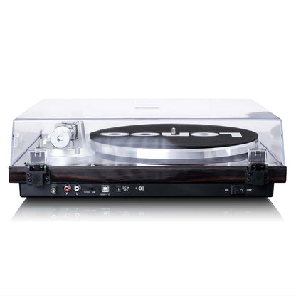Lenco LBT-188WA Bluetooth pladespiller med transparent støvlåg, sølv tonearm, sort pladetallerken, USB og flere porte.