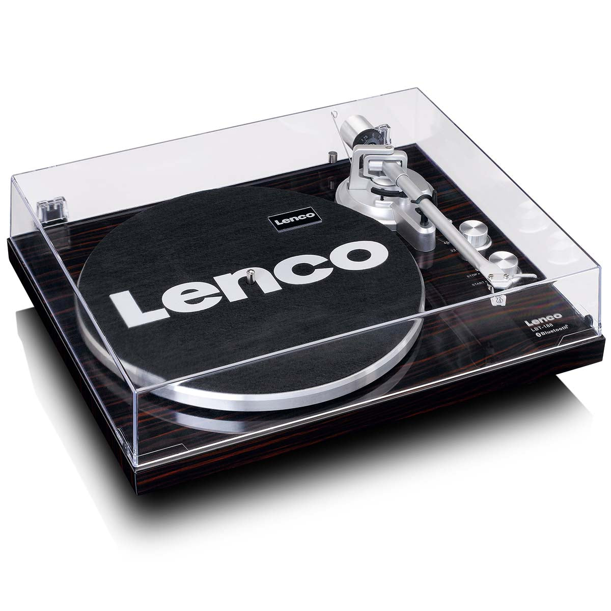 Lenco Bluetooth pladespiller LBT-188WA sort/sølv, klar støvlåg, tonearm og knapper synlige, logo på måtte.