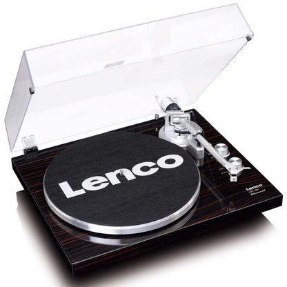 Lenco LBT-188WA Bluetooth pladespiller, mørk træfinish, åbent støvlåg, sølv tonearm, sort slipmat med logo, USB-port.