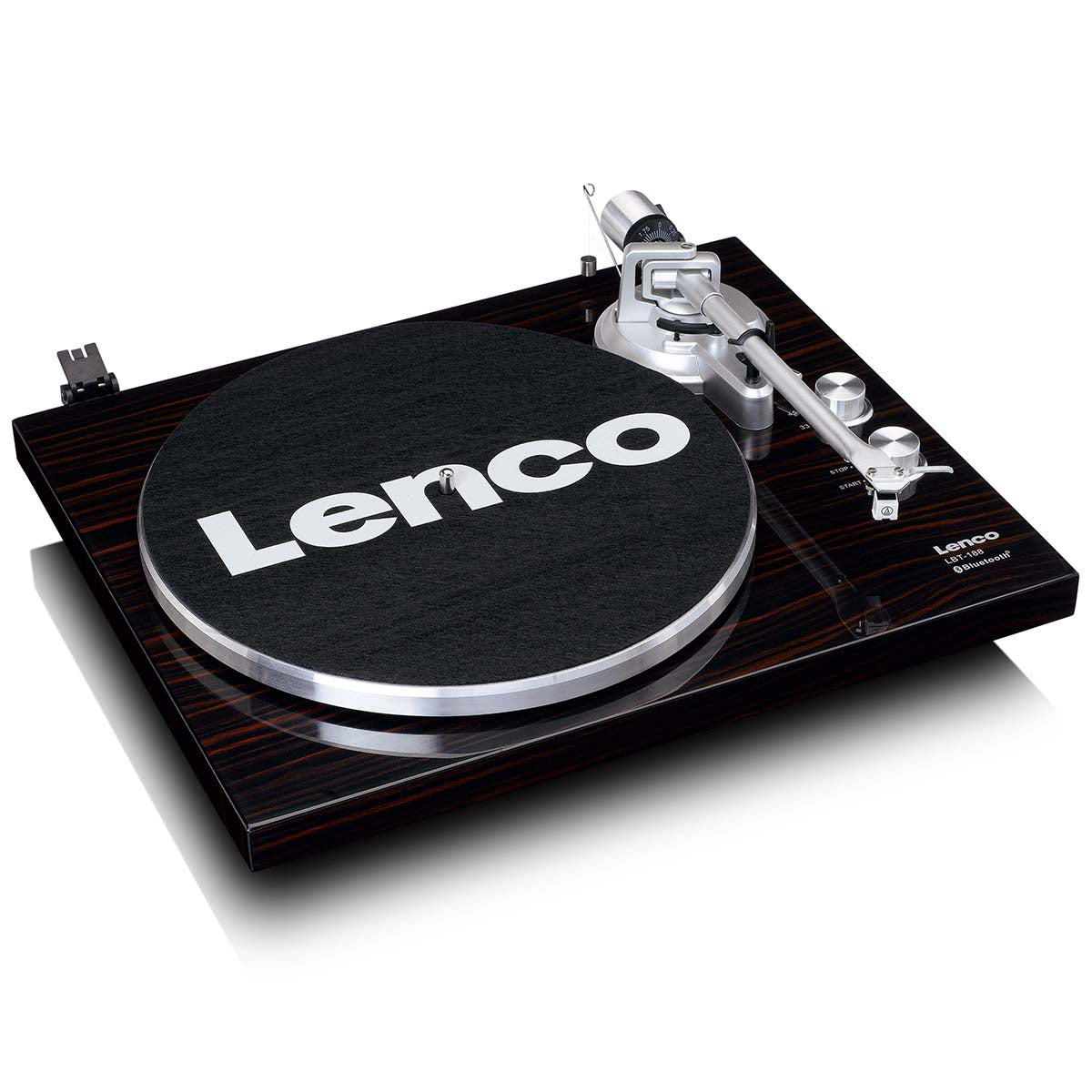 Lenco Bluetooth pladespiller LBT-188WA sort/sølv, logo på pladetallerken, synlig tonearm, kontrolknapper højre, USB-port.