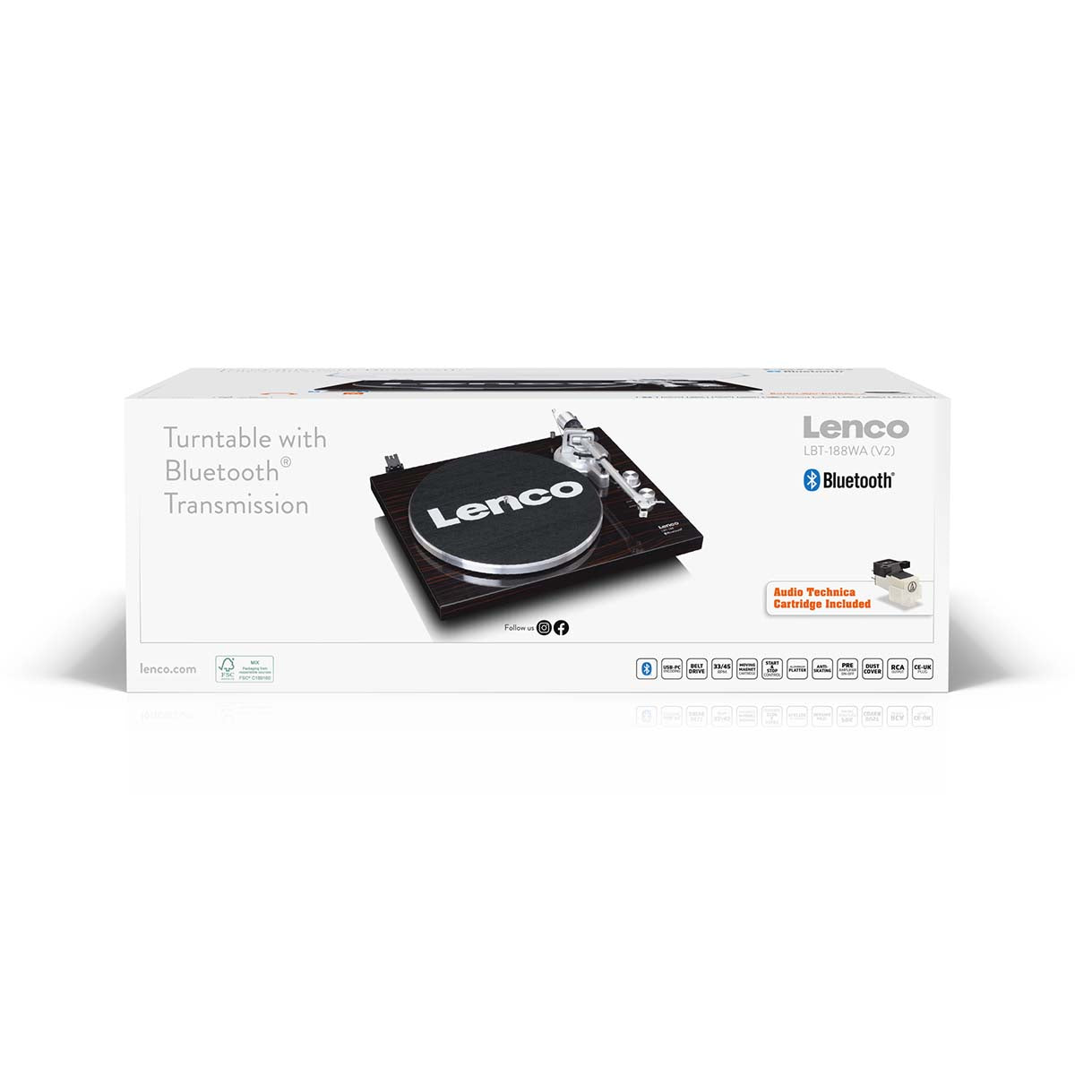 Lenco Bluetooth-pladespiller LBT-188WA på emballage med Lenco-logo, Bluetooth-logo, USB, Audio Technica-pickup.