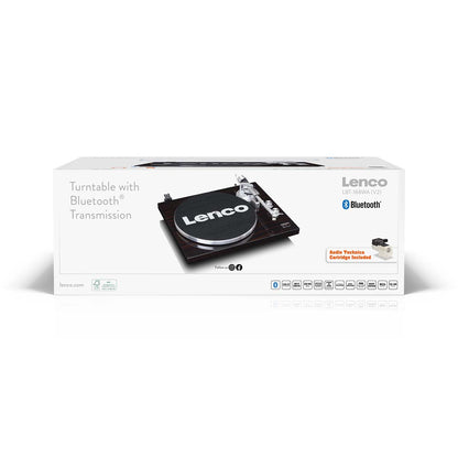 Lenco Bluetooth-pladespiller LBT-188WA på emballage med Lenco-logo, Bluetooth-logo, USB, Audio Technica-pickup.