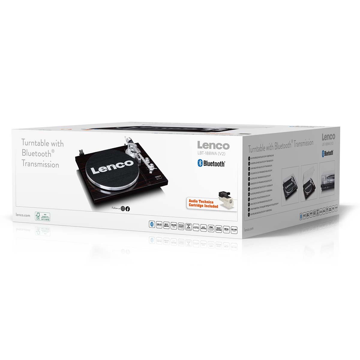 Lenco Bluetooth pladespiller LBT-188WA æske med billeder af afspiller, Lenco logo, ikon for trådløs vinyllyd, USB-port.