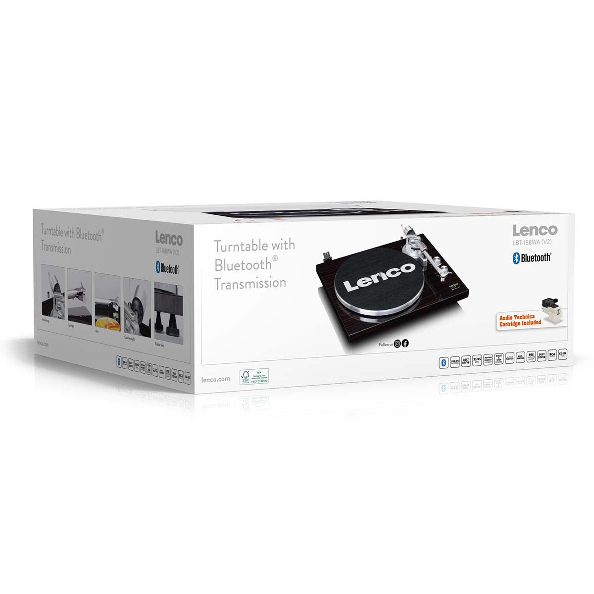 Lenco Bluetooth pladespiller LBT-188WA æske med billede, logo, trådløs vinyllyd, USB-tilslutning og sikkerhedsplademåtte.