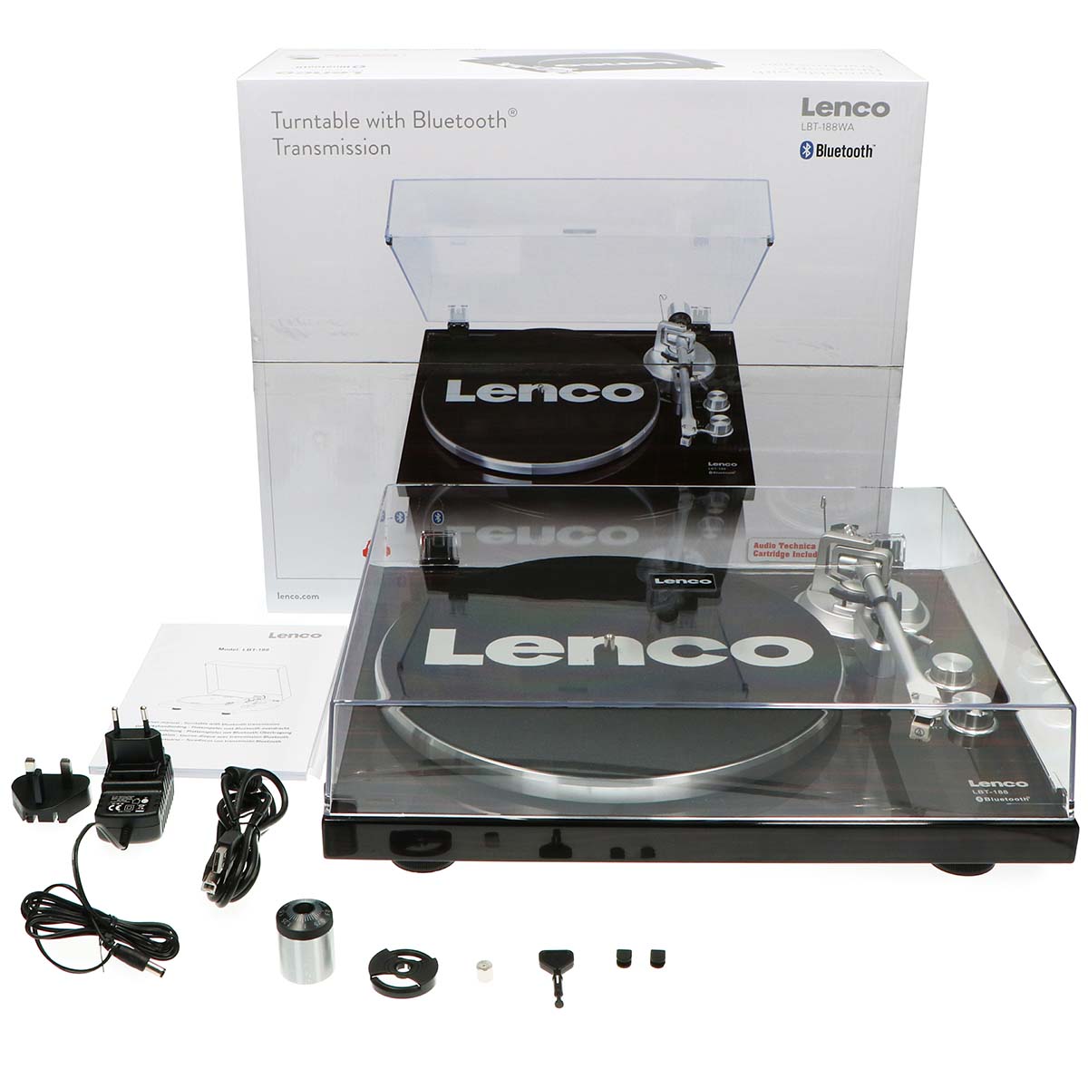 Lenco LBT-188WA Bluetooth pladespiller valnød, med støvlåg, strømforsyning, kabler, manual og original emballage.