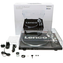 Lenco LBT-188WA Bluetooth pladespiller valnød, med støvlåg, strømforsyning, kabler, manual og original emballage.
