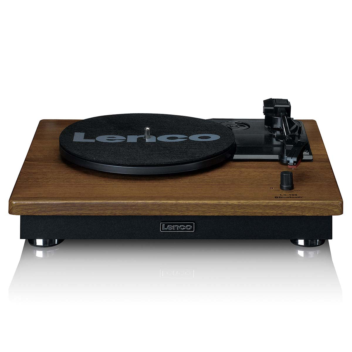 Lenco pladespiller med Bluetooth, træbase, sort tallerken og tonearm, Lenco-logo på tallerken og front.