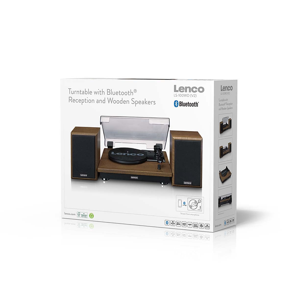 Lenco Pladespiller med Bluetooth på æske, vist med to trådløse højttalere og ikoner til vinylafspilning.