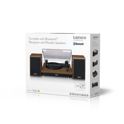 Lenco Pladespiller med Bluetooth på æske, vist med to trådløse højttalere og ikoner til vinylafspilning.