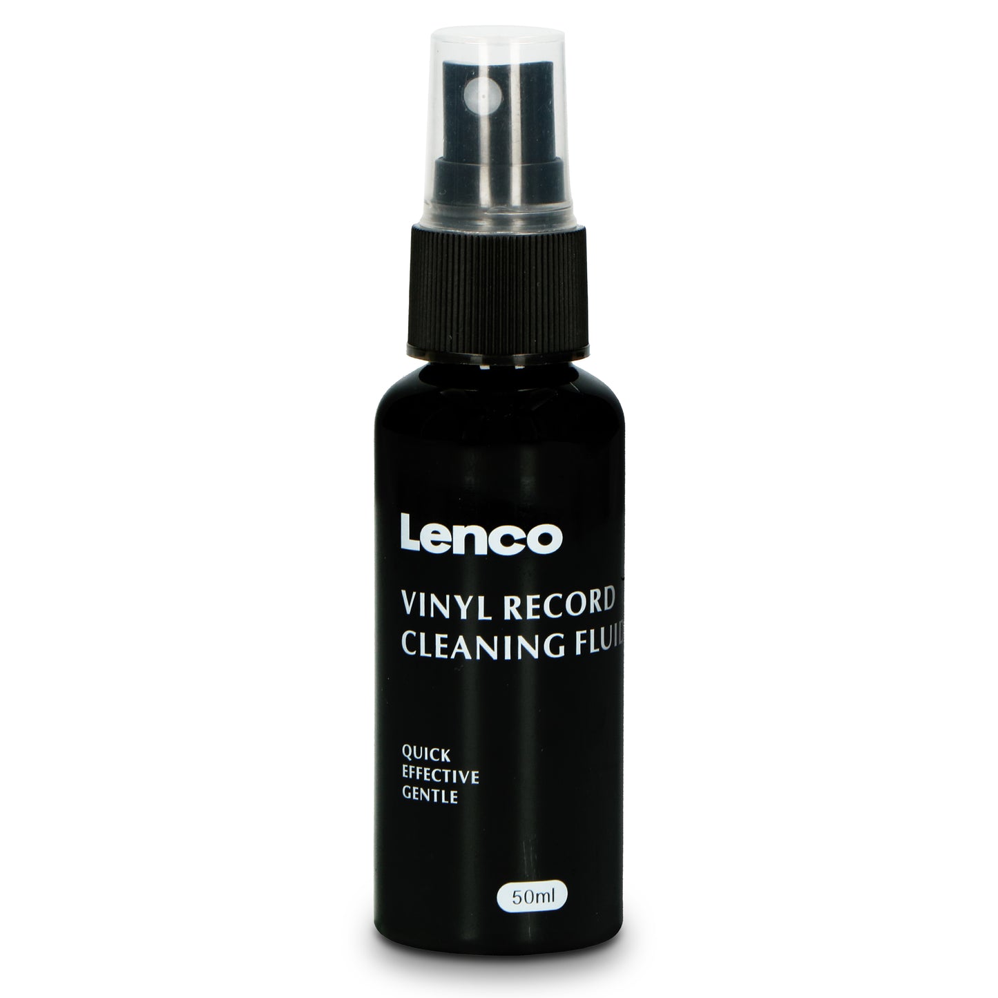 Sort sprayflaske med etiketten Vinyl Record Cleaning Fluid, 50ml, til rengøring af vinylplader og pladespillere.