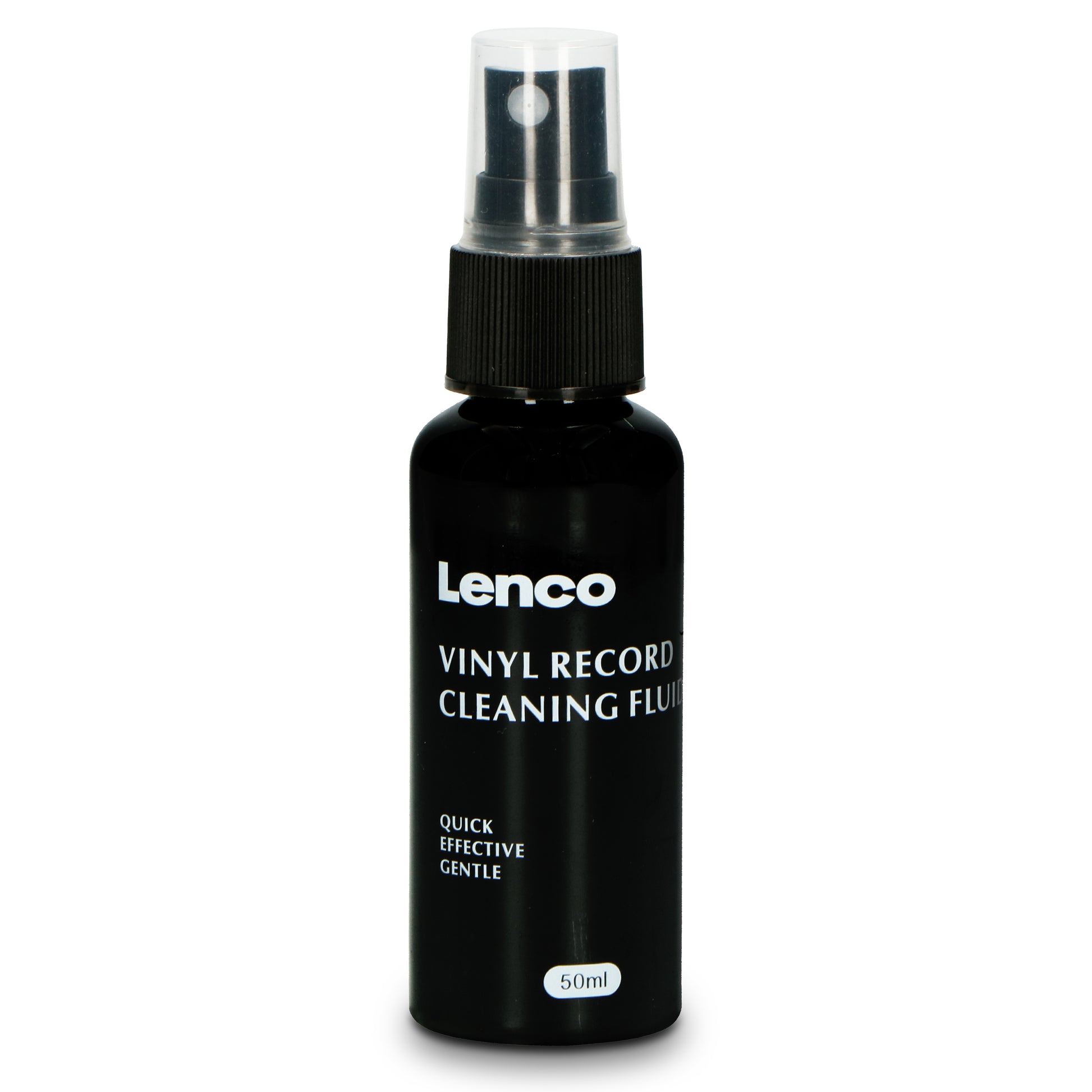 Sort sprayflaske med etiketten Vinyl Record Cleaning Fluid, 50ml, til rengøring af vinylplader og pladespillere.