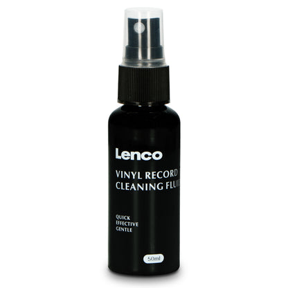 Sort sprayflaske med etiketten Vinyl Record Cleaning Fluid, 50ml, til rengøring af vinylplader og pladespillere.