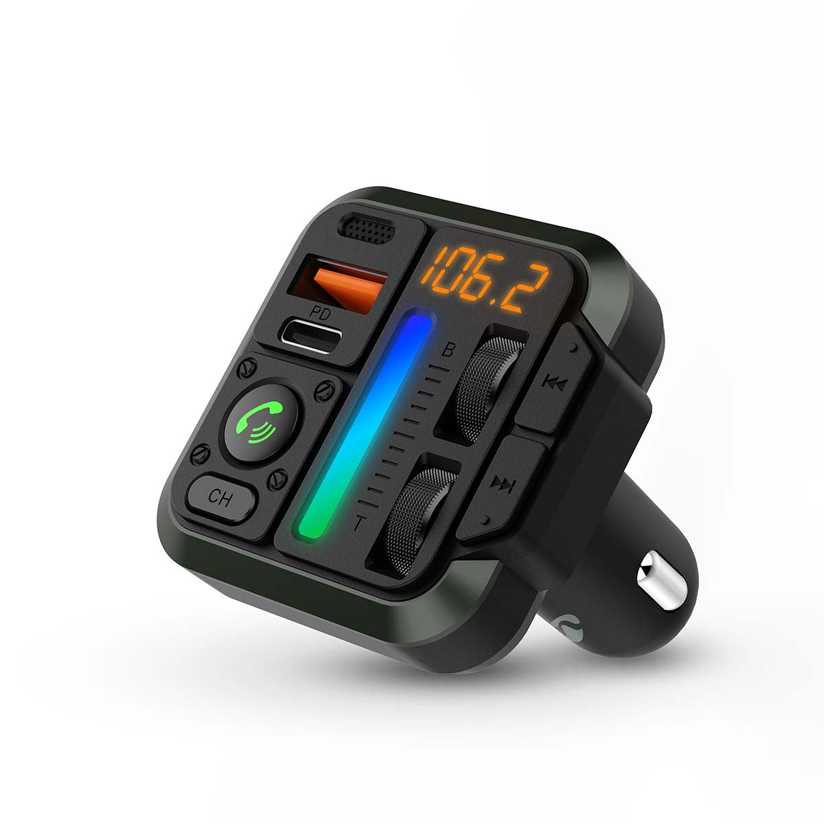Bluetooth FM transmitter sort med LED display 106.2, knapper til opkald/musik, drejeknapper, farvet LED-lys, strøm via cigarettænder.