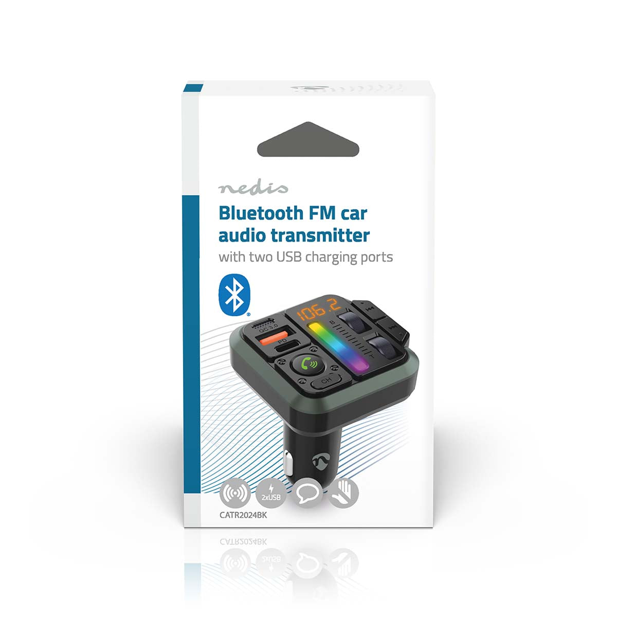 Nedis Bluetooth FM Transmitter æske, håndfri opkald, opladning i bilen, to USB-porte, Bluetooth og USB ikoner.