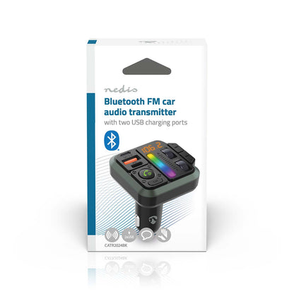 Nedis Bluetooth FM Transmitter æske, håndfri opkald, opladning i bilen, to USB-porte, Bluetooth og USB ikoner.